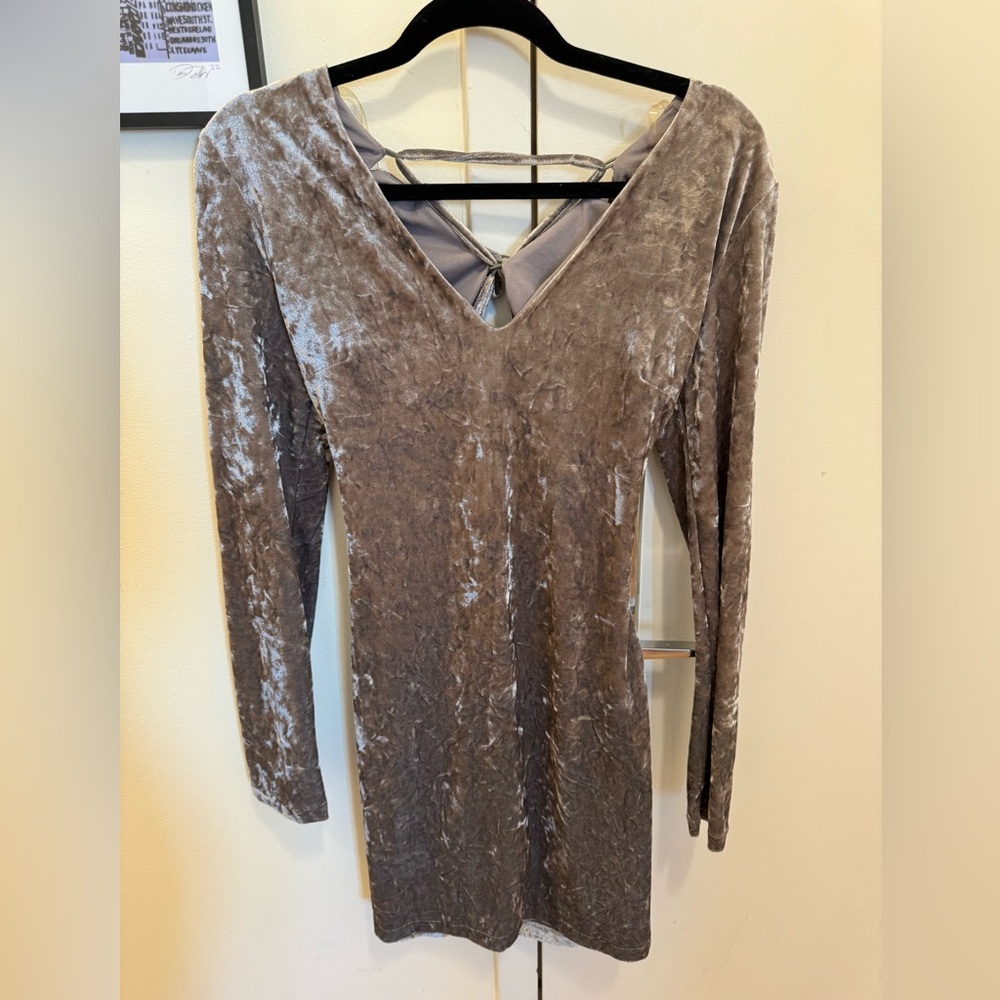 Grey, lace back crushed velvet evening dress. Never worn, with tags.